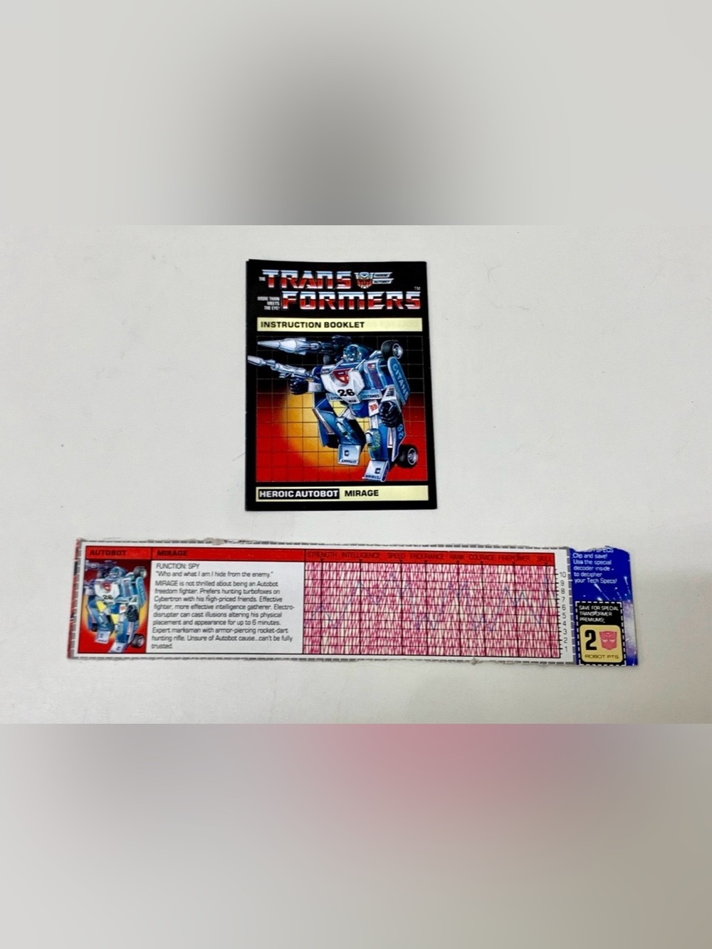 1984 Vtg G1 Transformers Autobot Mirage Instruction Booklet & Tech Stats Card